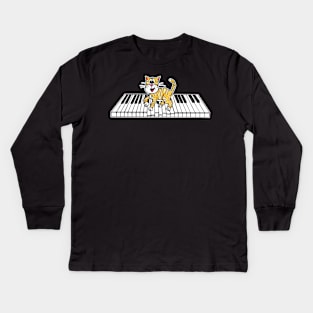 Kitten Playing Piano Pianist Cat Lover Music Teacher Kids Long Sleeve T-Shirt